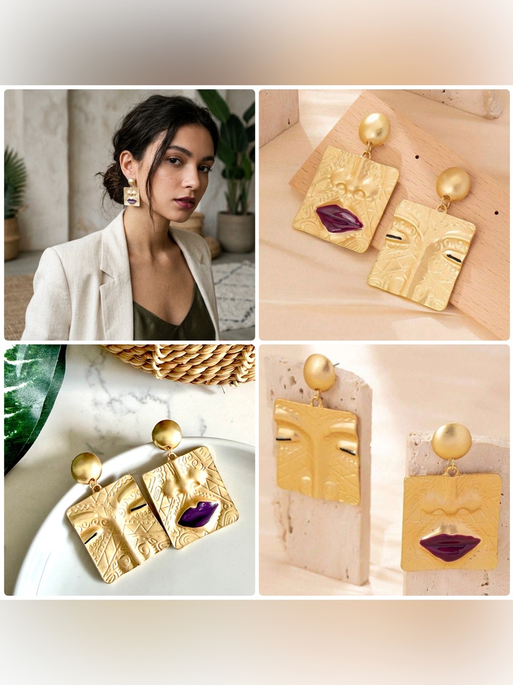 Gold Tone Face Statement Earrings Eyes Nose Lips Abstract Surreal Square Large